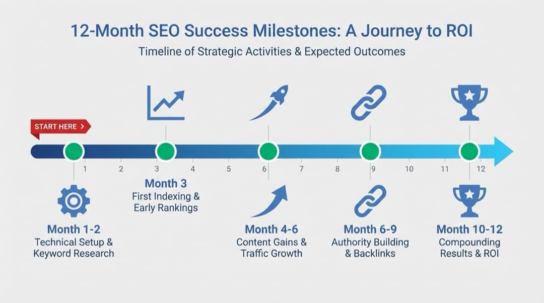 Horizontal timeline infographic showing five SEO milestones over 12 months from technical setup and keyword research through compounding results and ROI.