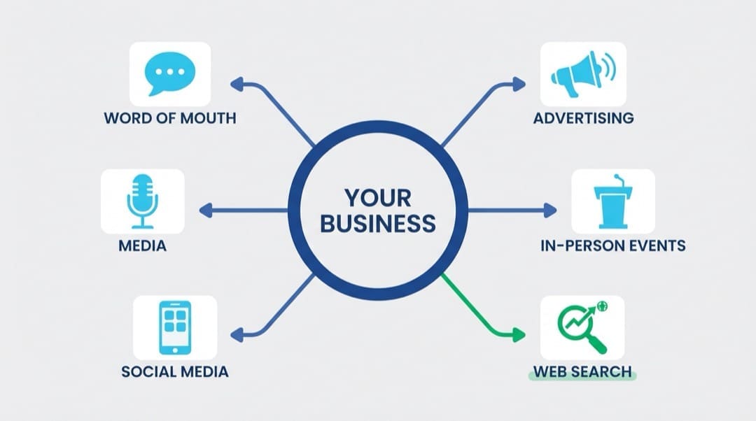 Six customer acquisition channels diagram showing how people discover small businesses through word of mouth, advertising, media, events, social media, and web search.