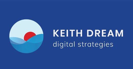 The "Keith Dream" brand logo features a globe icon resembling a light blue sky color on top and a red sun rising over darker blue ocean waves on the bottom. It represents our location in Japan, our love for nature and the balancing ways of yin/yang. The text reads "KEITH DREAM, digital strategies".