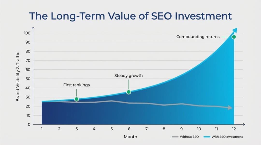 Line chart comparing brand visibility and traffic over 12 months with SEO investment versus without, showing compounding returns by month 12.