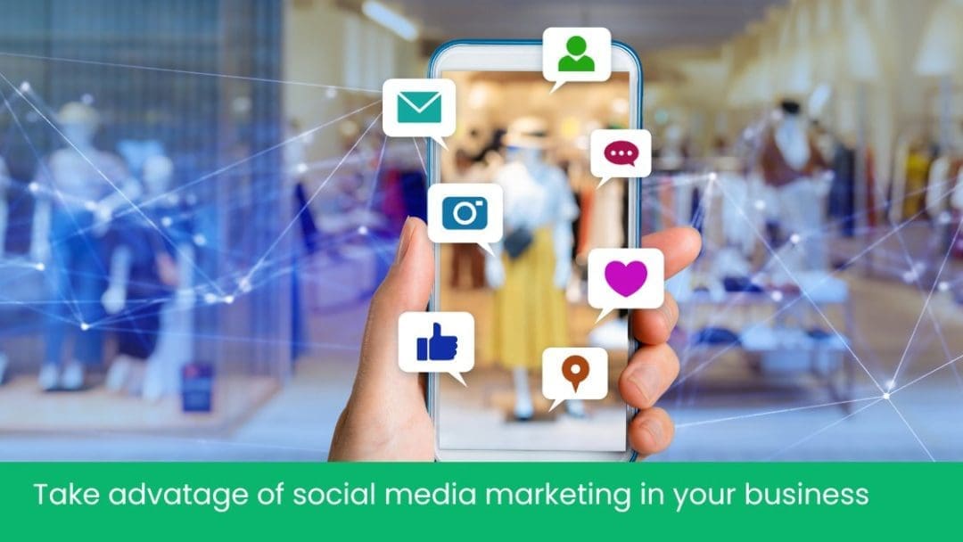 Take advantage of social media marketing in your business to increase website traffic. A person is holding a smartphone and social icons appear in speech bubbles to show interaction with your social posts. 