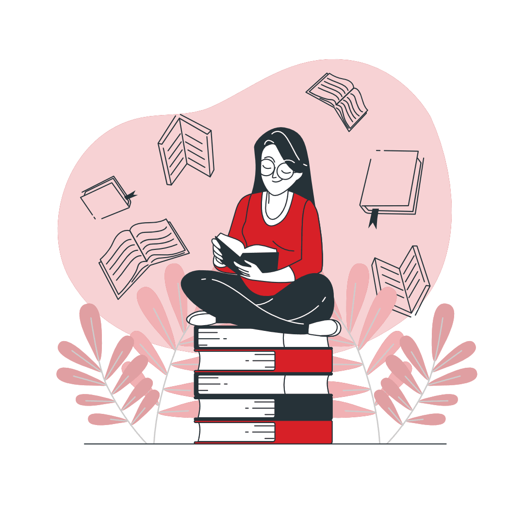 An illustration of a woman sitting on a stack of books, reading her favorite book with a smile.