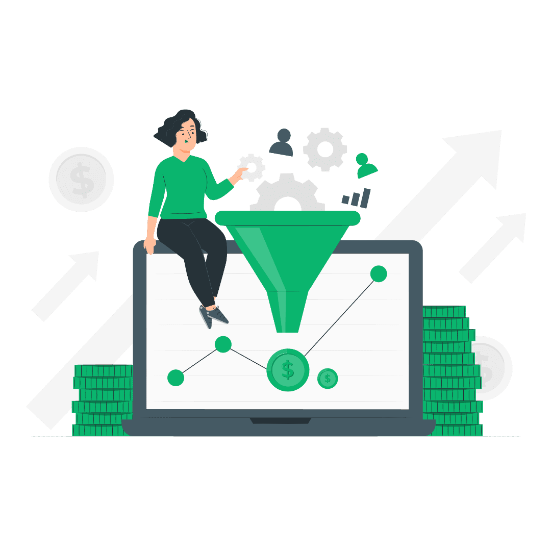 A human sitting on a huge computer screen, sifting through a sales funnel full of products and settings.