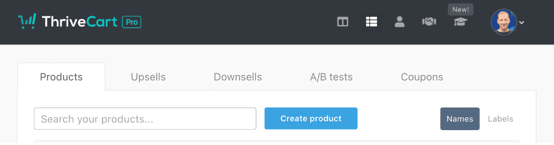 A ThriveCart screenshot showing the user dashboard. There are five tabs including: Products, Upsells, Downsells, A/B tests and Coupons.