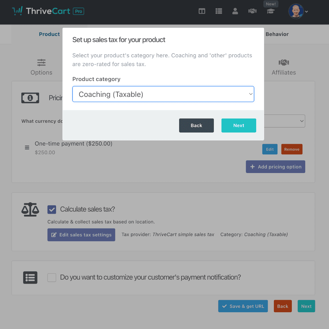 A ThriveCart screenshot showing the tax options setup by product category. 