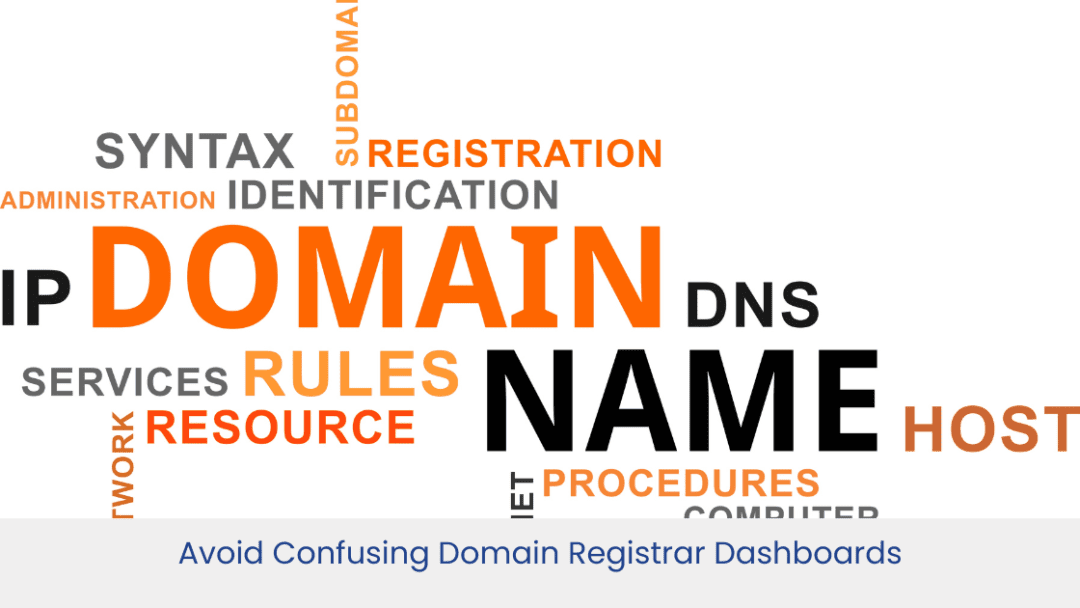 A illustration show a confusing domain registrar dashboard.