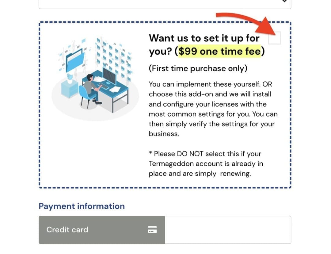 A screenshot from a ThriveCart checkout page with a bump order. A red arrow points the checkbox that allows a customer to add an extra item to their purchase quickly and often at at discount.