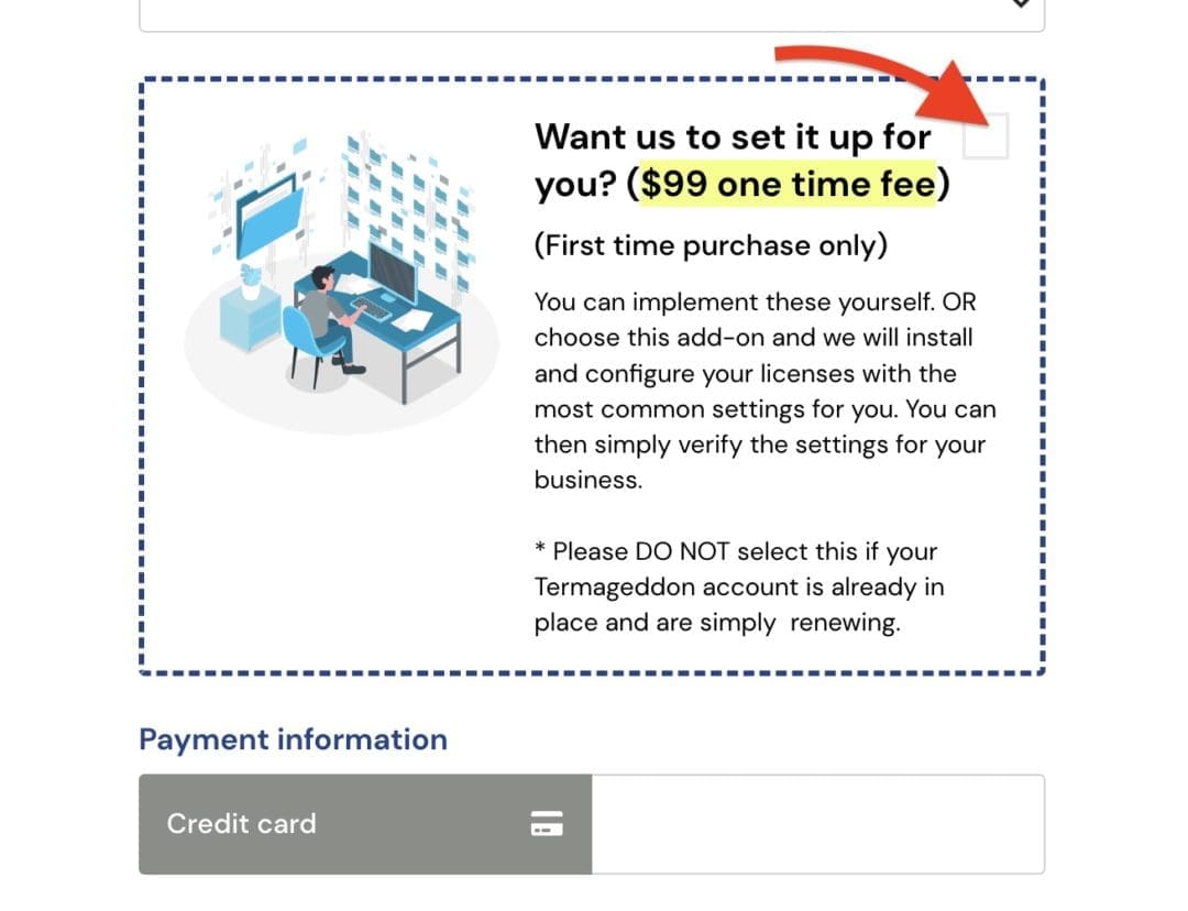 A screenshot from a ThriveCart checkout page with a bump order. A red arrow points the checkbox that allows a customer to add an extra item to their purchase quickly and often at at discount.