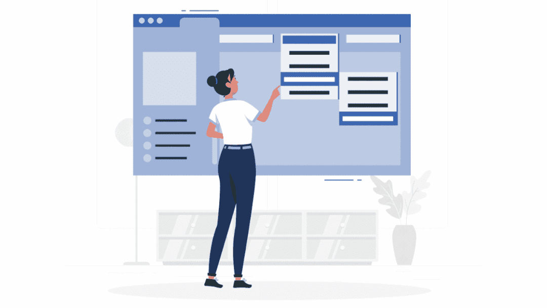 An illustration of a web designer creating a mockup for website navigation menus. Sub menu items appear and are selected.