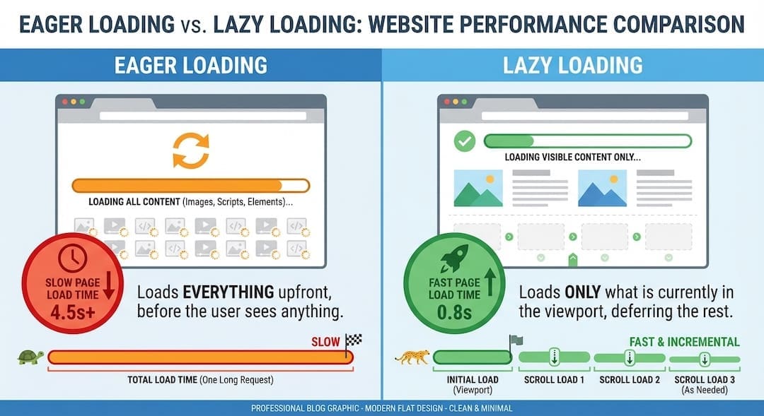 Comparison of eager loading versus lazy loading showing faster initial page load with deferred below-fold content.