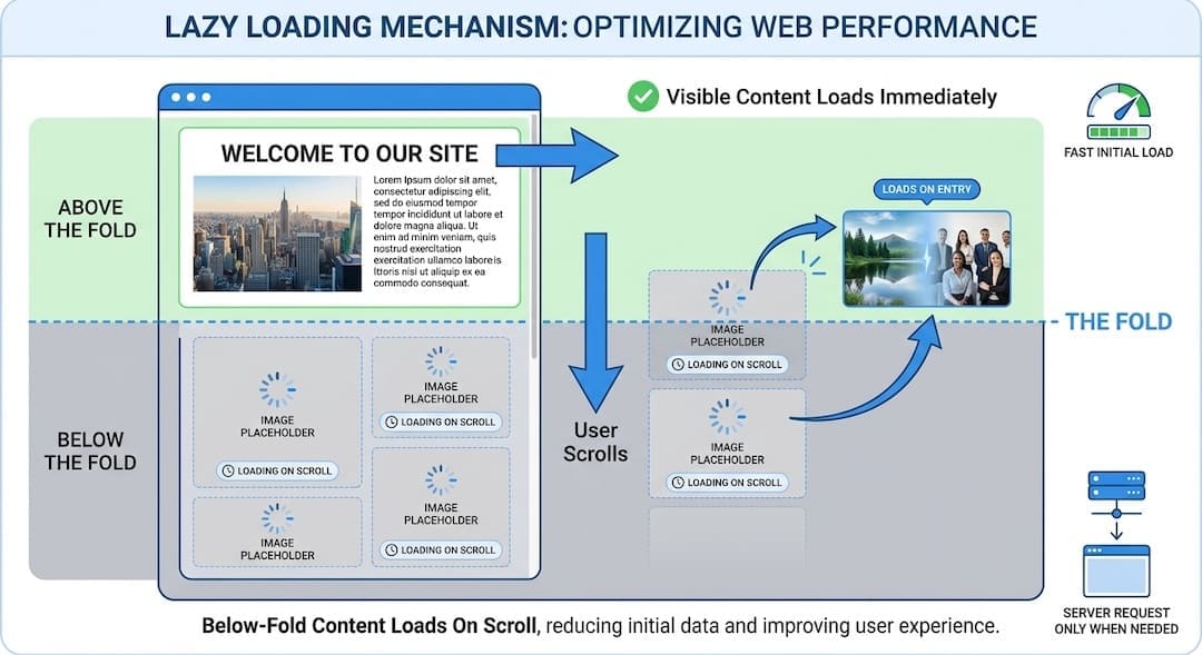How lazy loading works: diagram showing visible content loads immediately above the fold while below-fold images and elements load on scroll to improve website speed.