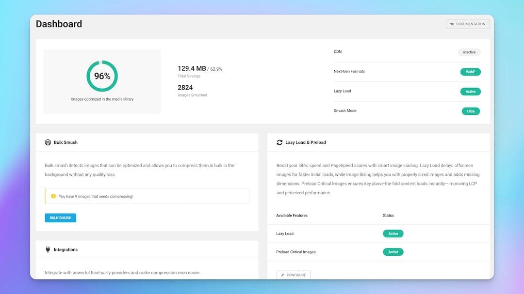 WP Smush Pro dashboard with lazy loading active and 96 percent image optimization, a recommended WordPress plugin to improve website speed.
