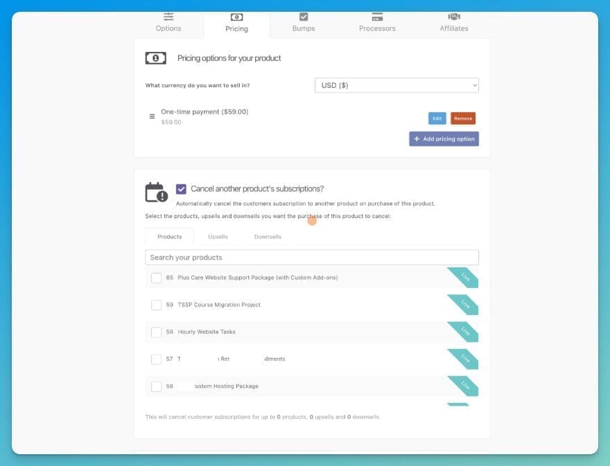 Recurring Revenue Upgrades allow you to set which products get cancelled when a customer upgrades to a new subscription tier in your ThriveCart dashboard.