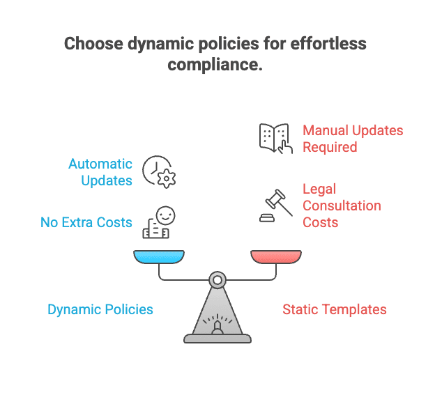 Dynamic policies vs static privacy templates A scale represents the pros and cons to dynamic privacy policies vs static policy templates. The scale tips in favor of dynamic templates thanks to lower costs, no attorney fees and automatic updates.