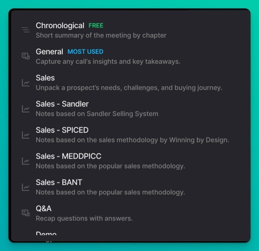 Fathom AI Notetaker summary types allow you to choose what type of meeting you are in so it can give you amazingly helpful contextual summaries.