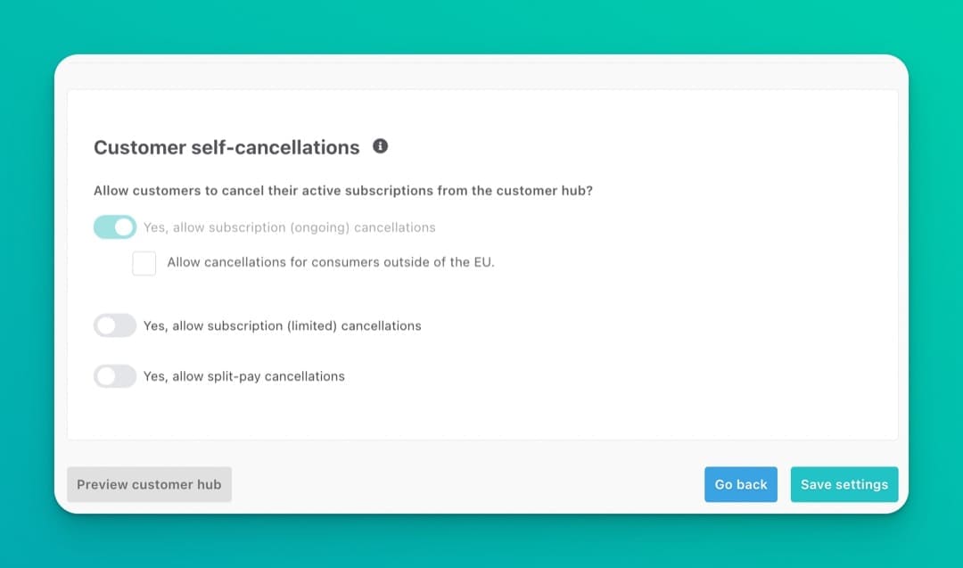 ThriveCart subscription cancellation settings showing how customers can cancel their own subscriptions from the customer hub
