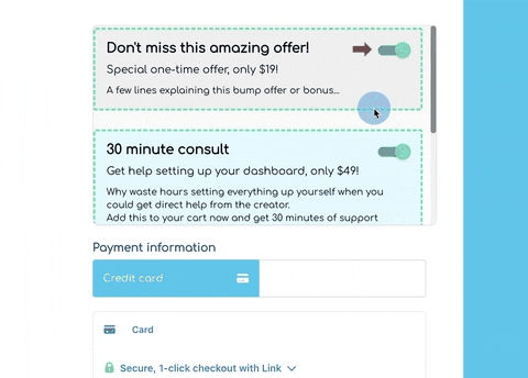 A moving image showing a customers viewing the multiple bump order options and being able to scroll through the list to choose which ones they want to purchase.