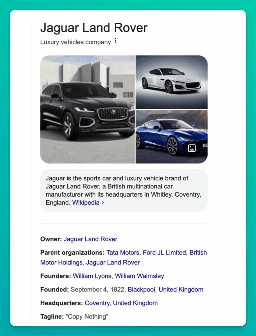 Knowledge Panel for Jaguar Land Rover, an example demonstrating how entities are displayed in Google Search Results and contribute to semantic SEO.