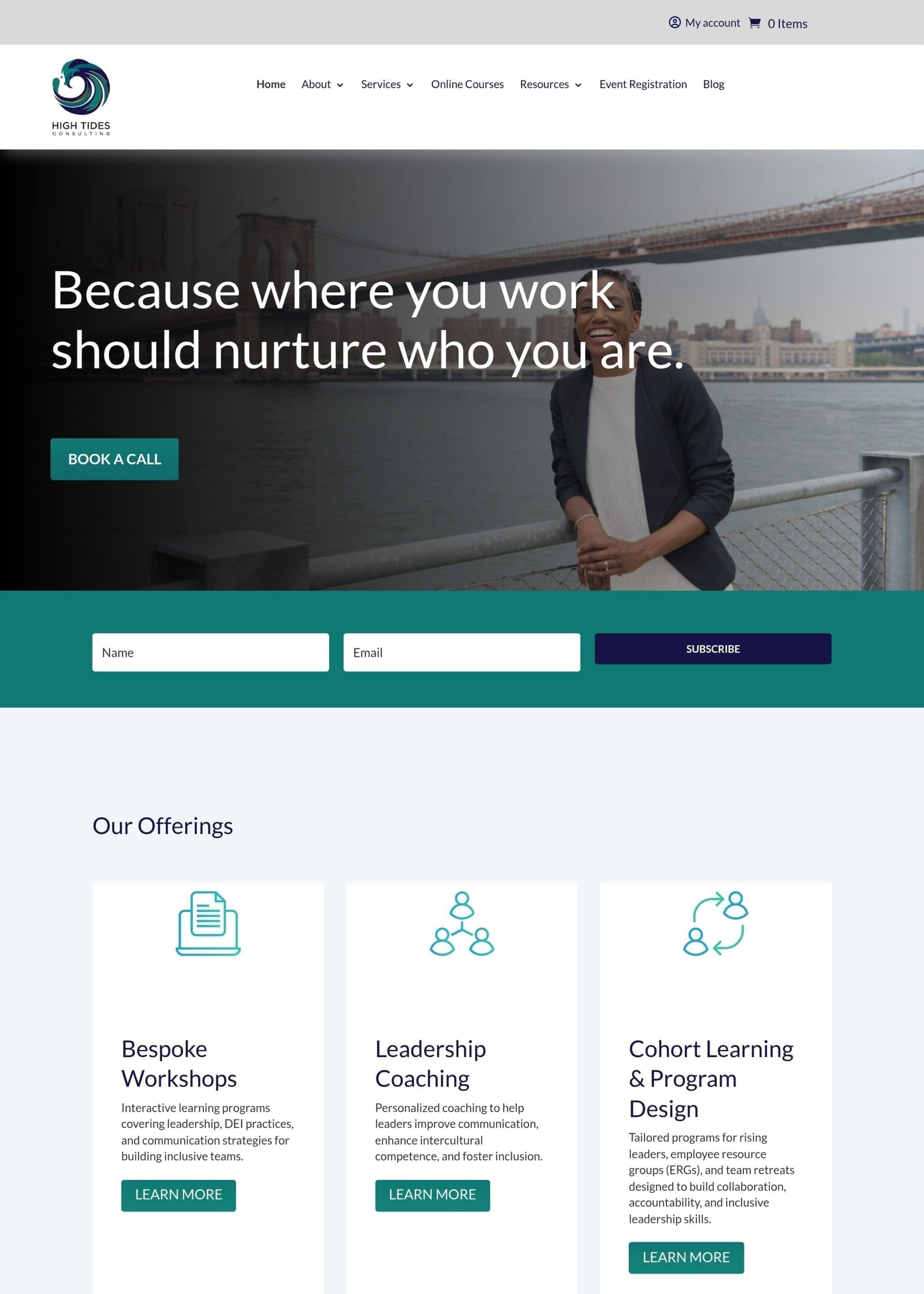 A screenshot of the High Tides Consulting website project, focusing on the design of the hero section and the clear, three-column layout for core service offerings.