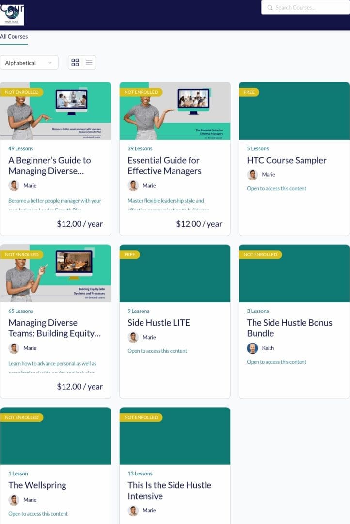 The High Tides Academy course listing, a clear example of user-friendly online course design made possible by our successful LMS integration.