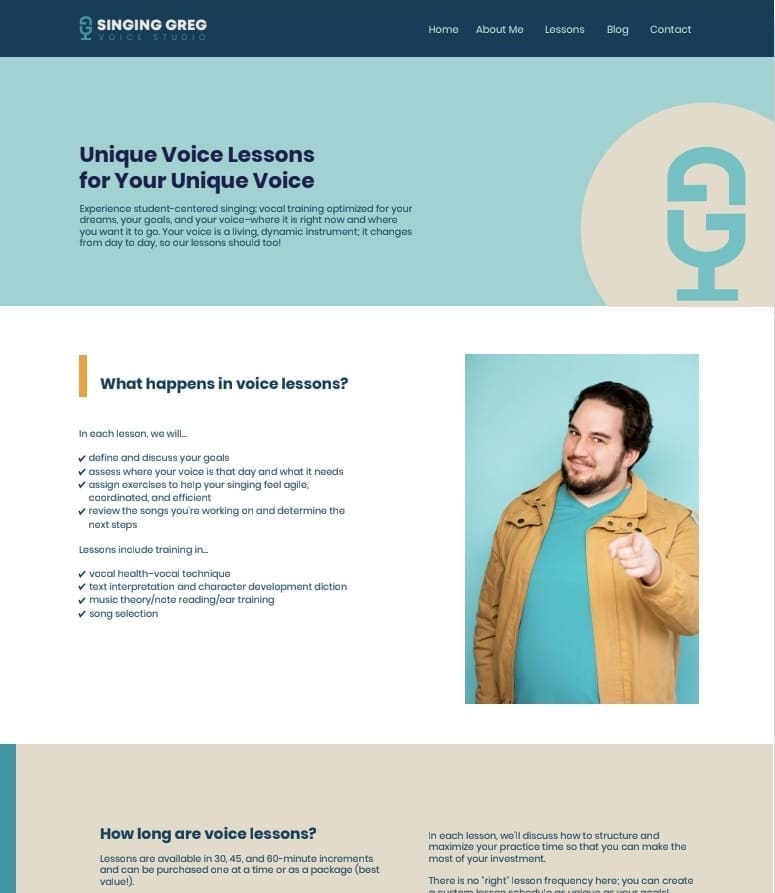 A screenshot showcasing the singing lessons website design for Singing Greg, detailing the page's structure, content, and booking sections