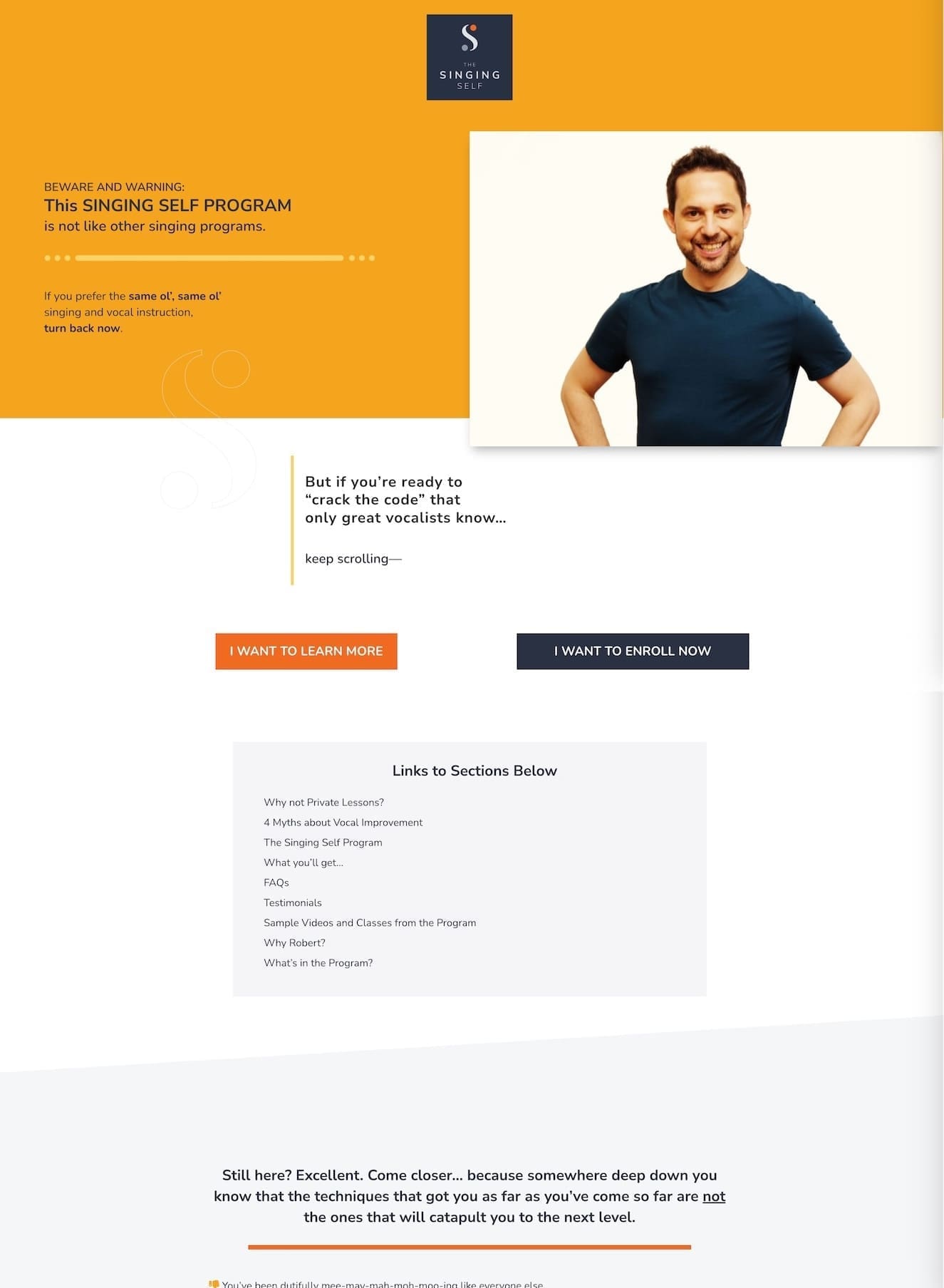 A screenshot from the website redesign for The Singing Self Program, showcasing the top of the sales page with its bold headline, instructor photo, and calls-to-action.