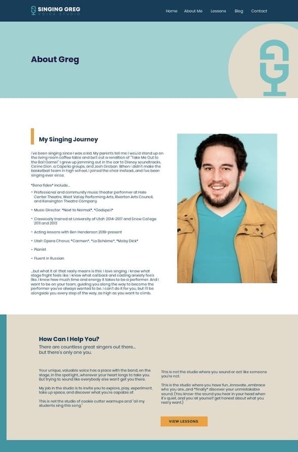 A screenshot showcasing the website design of the 'About Singing Greg' page, featuring sections for his biography, headshot, and teaching philosophy.