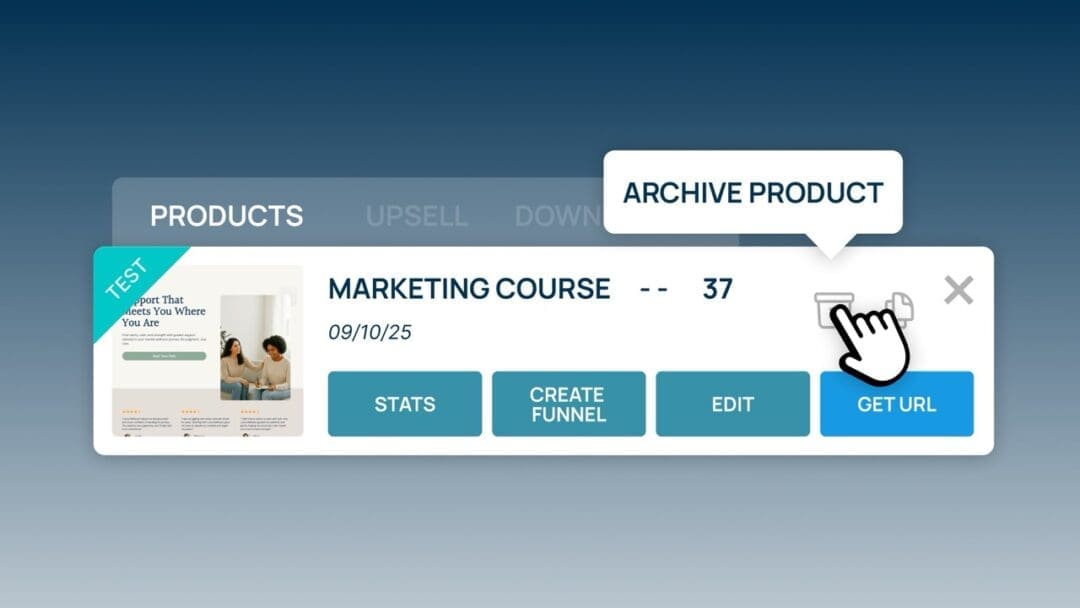 Archive ThriveCart products button shown in product management dashboard.