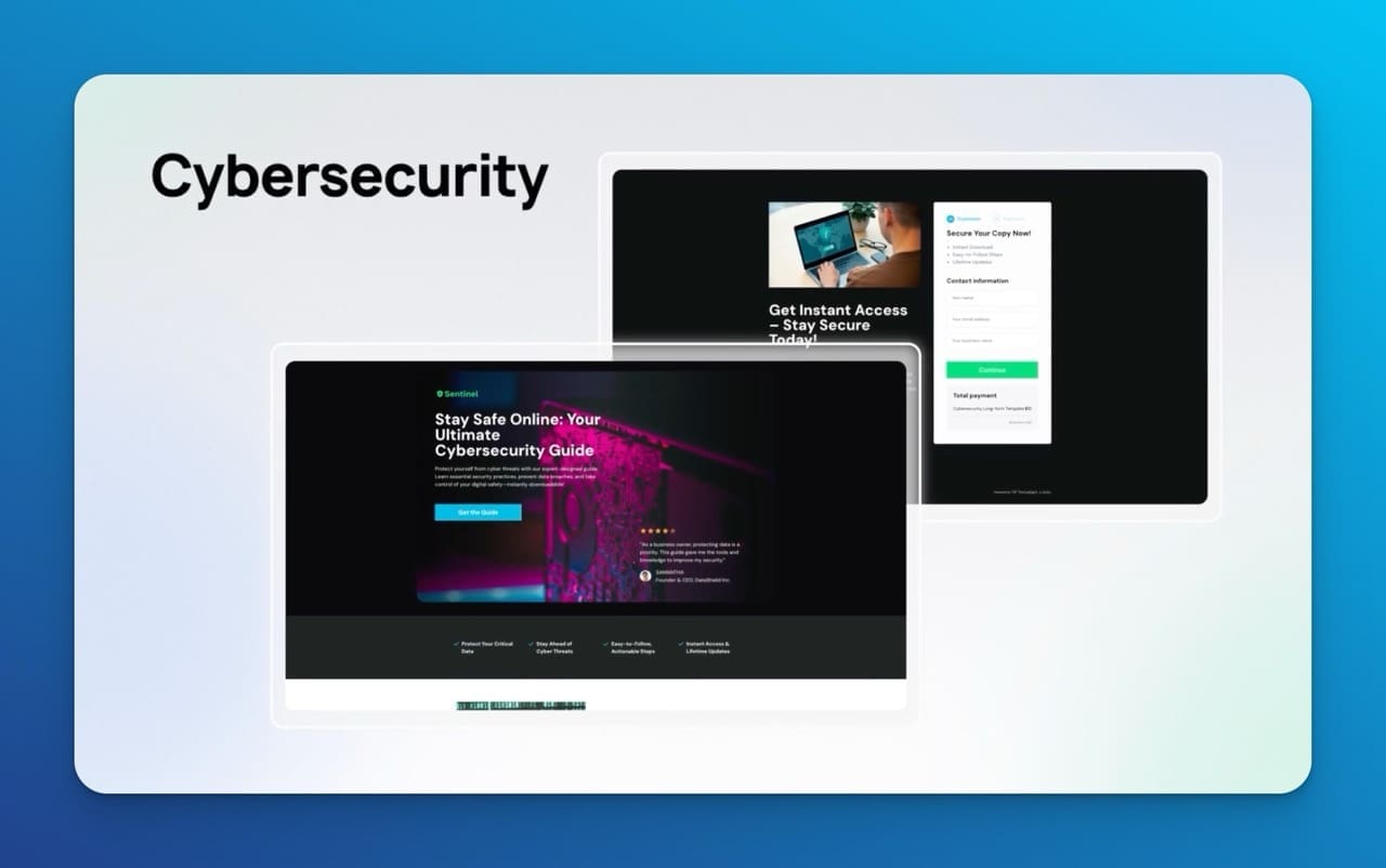 ThriveCart Pro+ cybersecurity consulting template with two-step checkout form designed for tiered security service packages and B2B professional engagements.