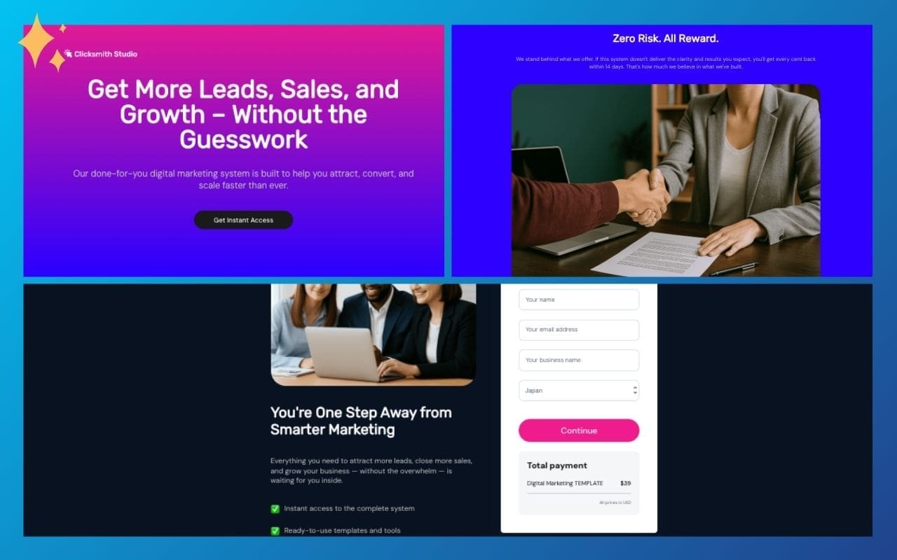 ThriveCart digital marketing sales template preview showing done-for-you system with lead generation pages, Zero Risk All Reward trust section, and checkout form