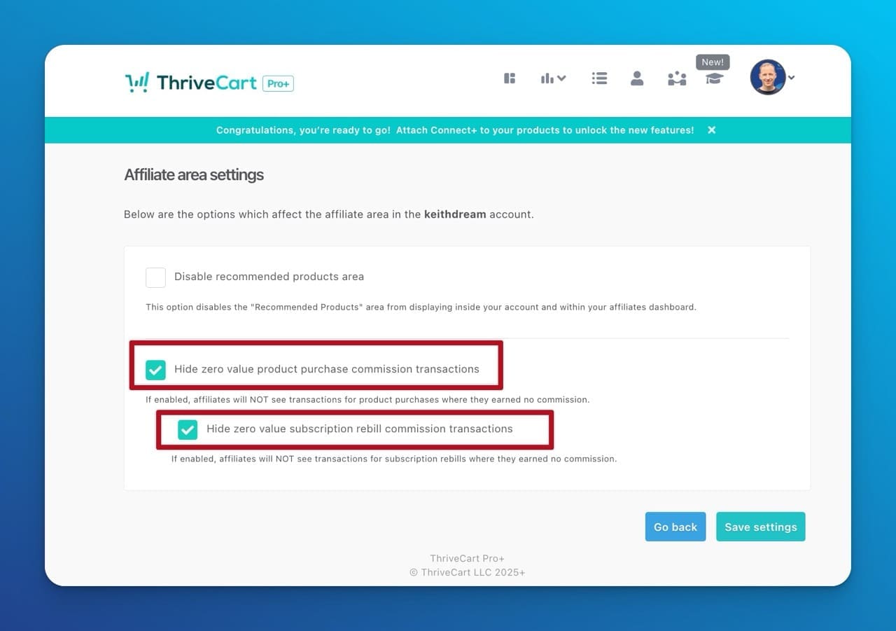 ThriveCart affiliate center features showing settings to hide zero commission products and subscription rebills from affiliate dashboards, improving affiliate program clarity.