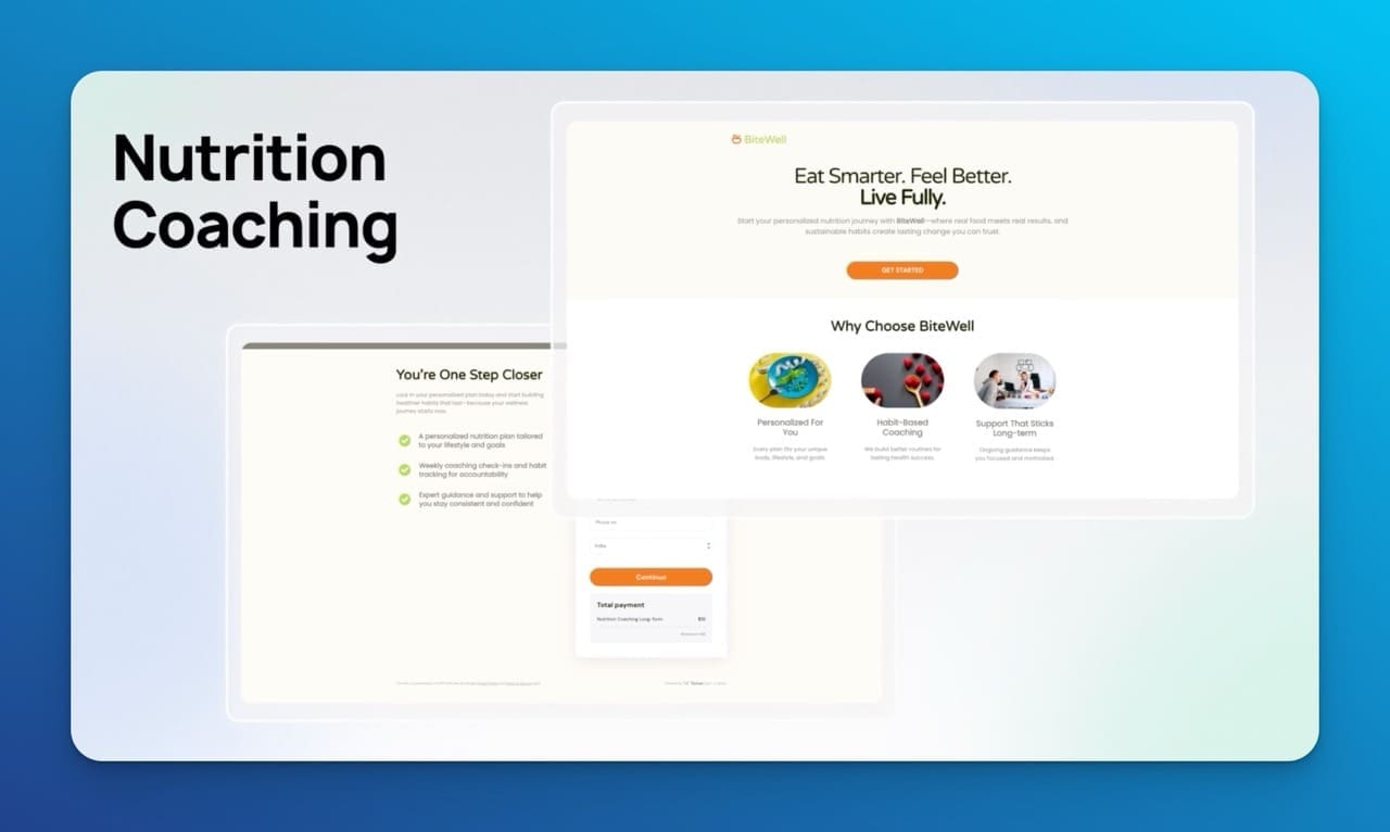 ThriveCart Pro+ nutrition coaching template with two-step checkout form showing personalized meal planning and wellness coaching program benefits.