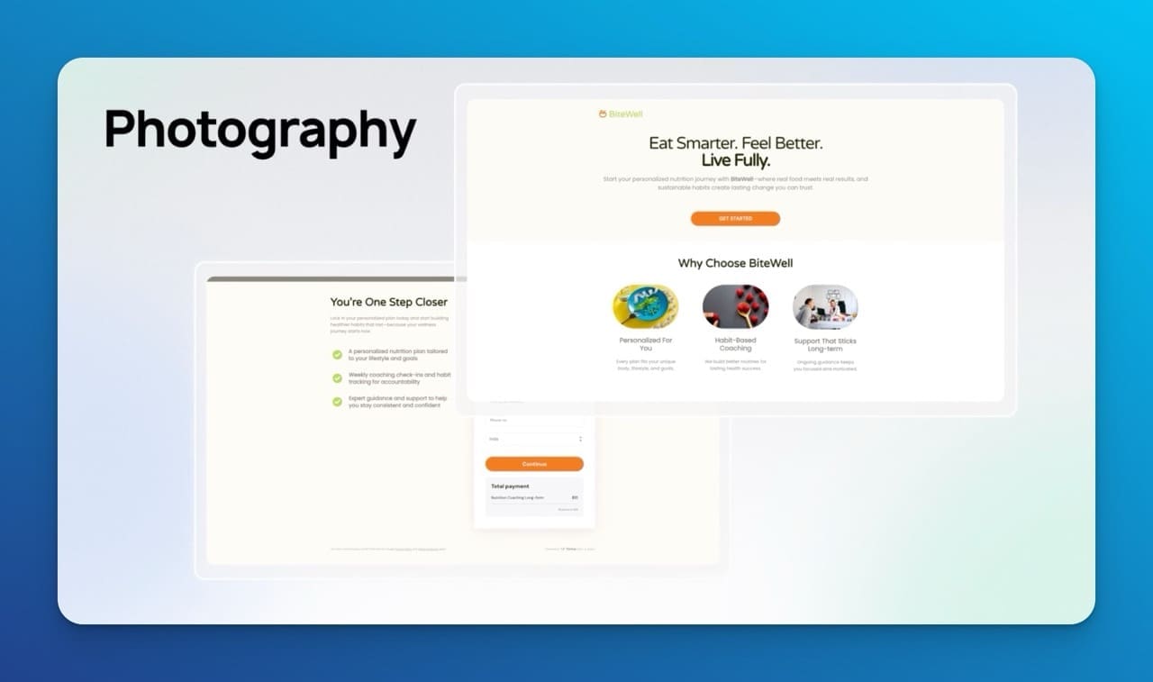 ThriveCart Pro+ photography template with two-step checkout form designed for photo session packages, prints, and digital file upsells.