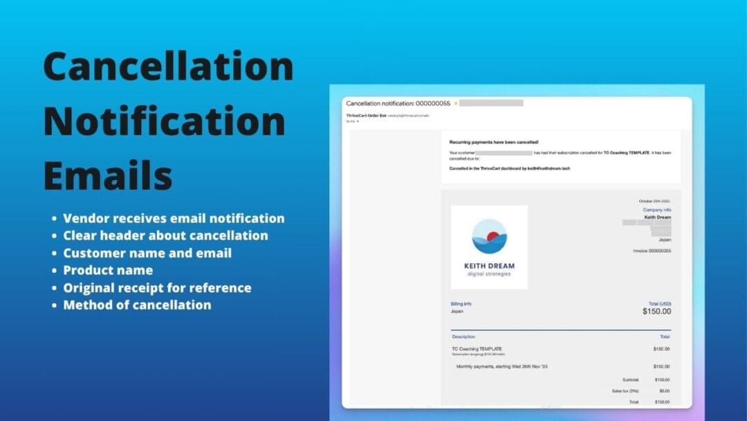 ThriveCart subscription cancellation notification email showing real-time vendor alerts with customer details, product information, and cancellation source tracking for subscription management.