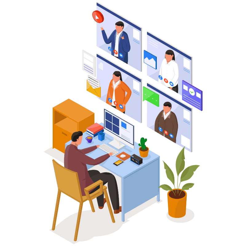 Zoom call with Keith Eldridge illustration showing virtual strategy sessions and video meetings for website and Notion consultations.
