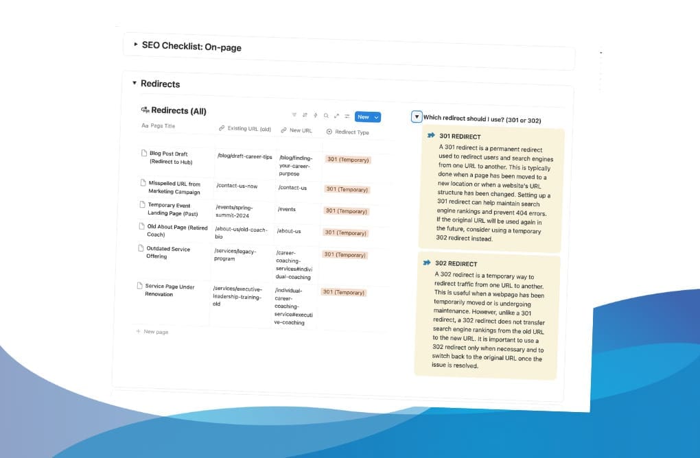 SEO Command Center - Redirect Manager and Guide The Redirect Manager within the SEO Command Center Notion template, allowing users to track 301 redirects and learn technical SEO best practices.