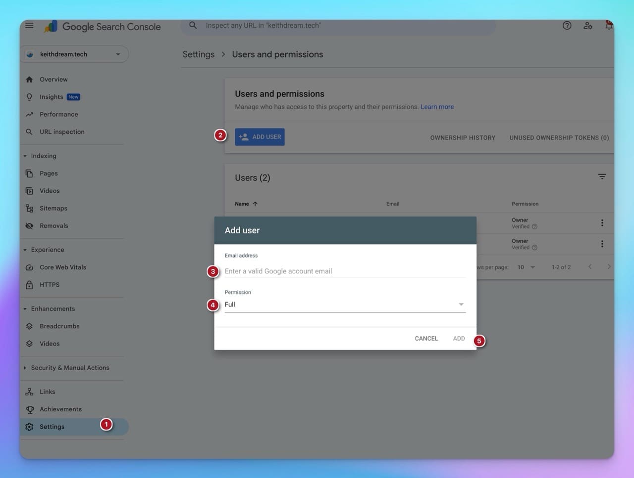 Google Search Console add user dialog with email field and full permission dropdown to grant analytics access