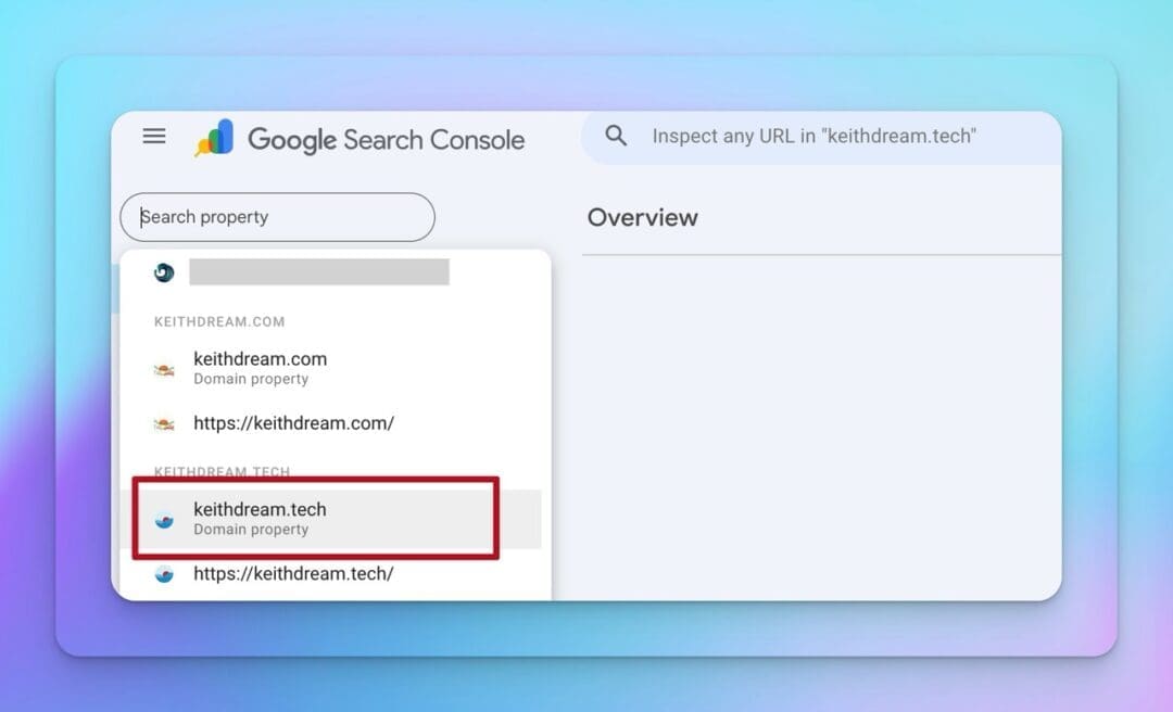 Google Search Console property selector dropdown menu with arrow pointing to domain property option.