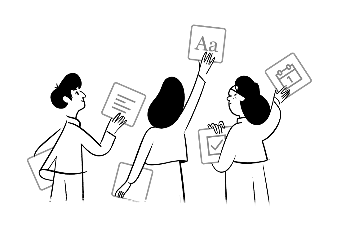 A Notion style illustration of team members working together to organize documents.