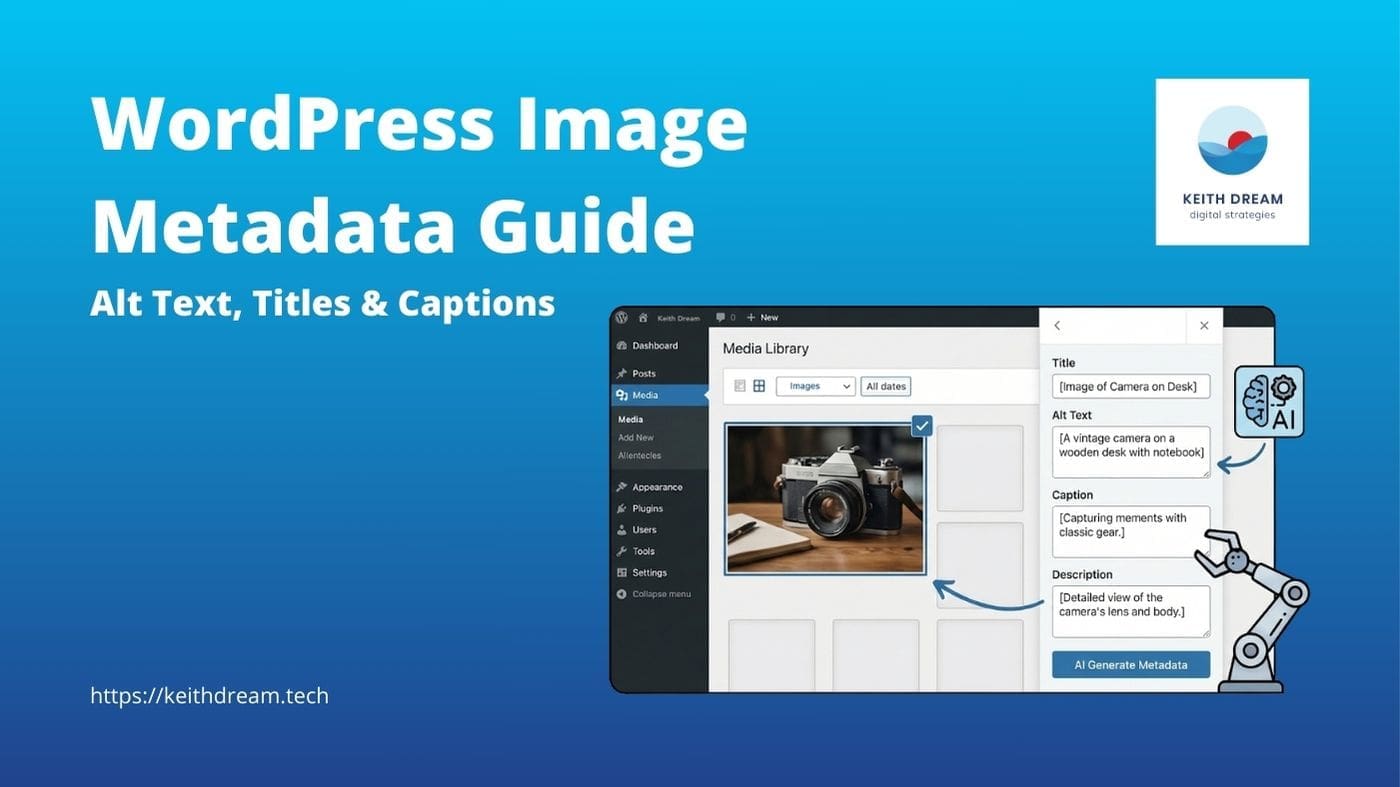 AI image SEO for WordPress: Media Library metadata panel displaying Title, Alt Text, Caption, and Description fields with an AI generate button.