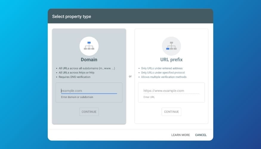 Google Search Console property setup screen showing domain and URL prefix verification options.