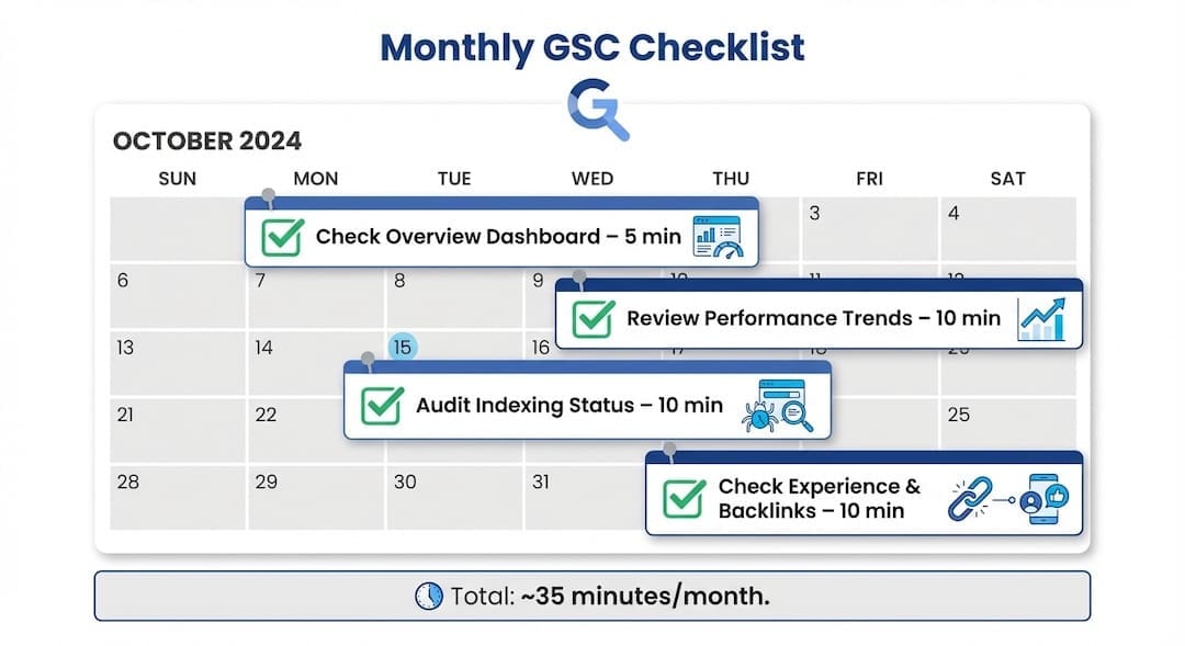 Monthly Google Search Console maintenance checklist showing five review tasks totaling 35 to 45 minutes per month for small business SEO.