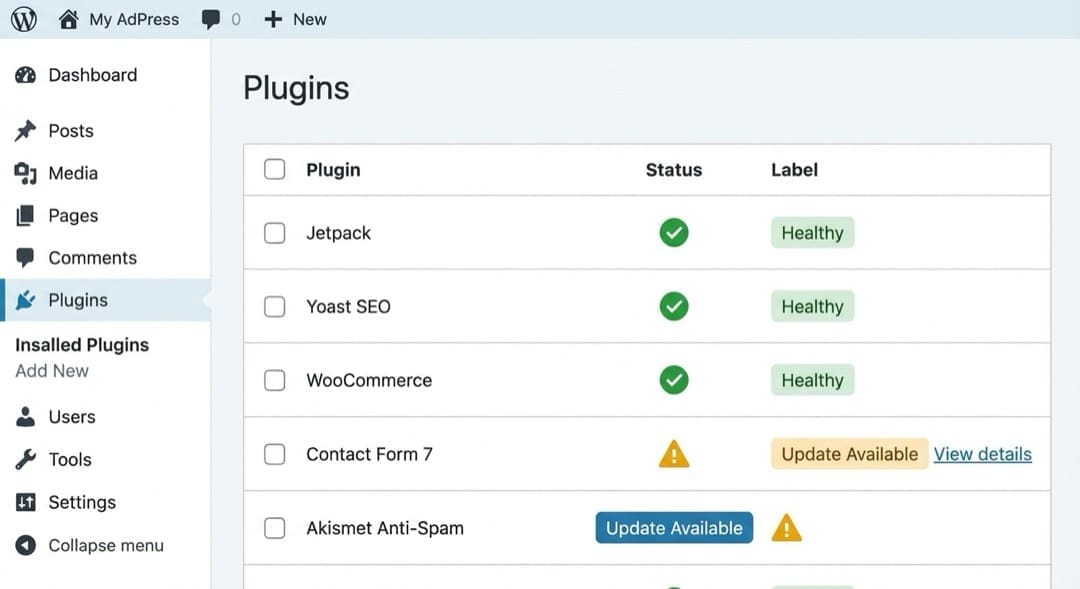 WordPress plugin audit dashboard showing plugin health status and available updates during a website health check.