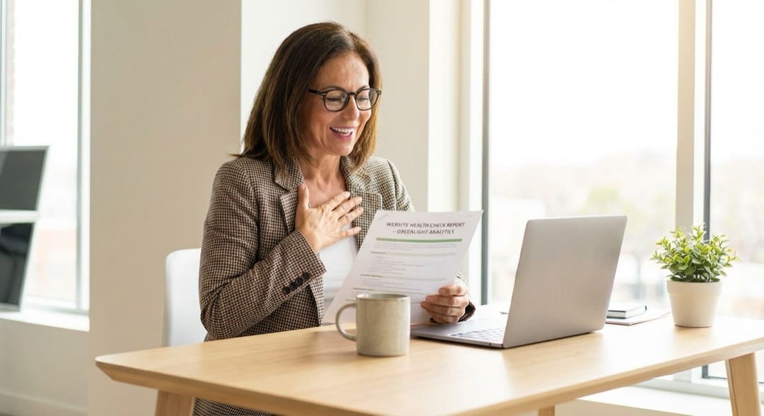 Business owner smiling while reviewing a WordPress website health check report at a desk with laptop.