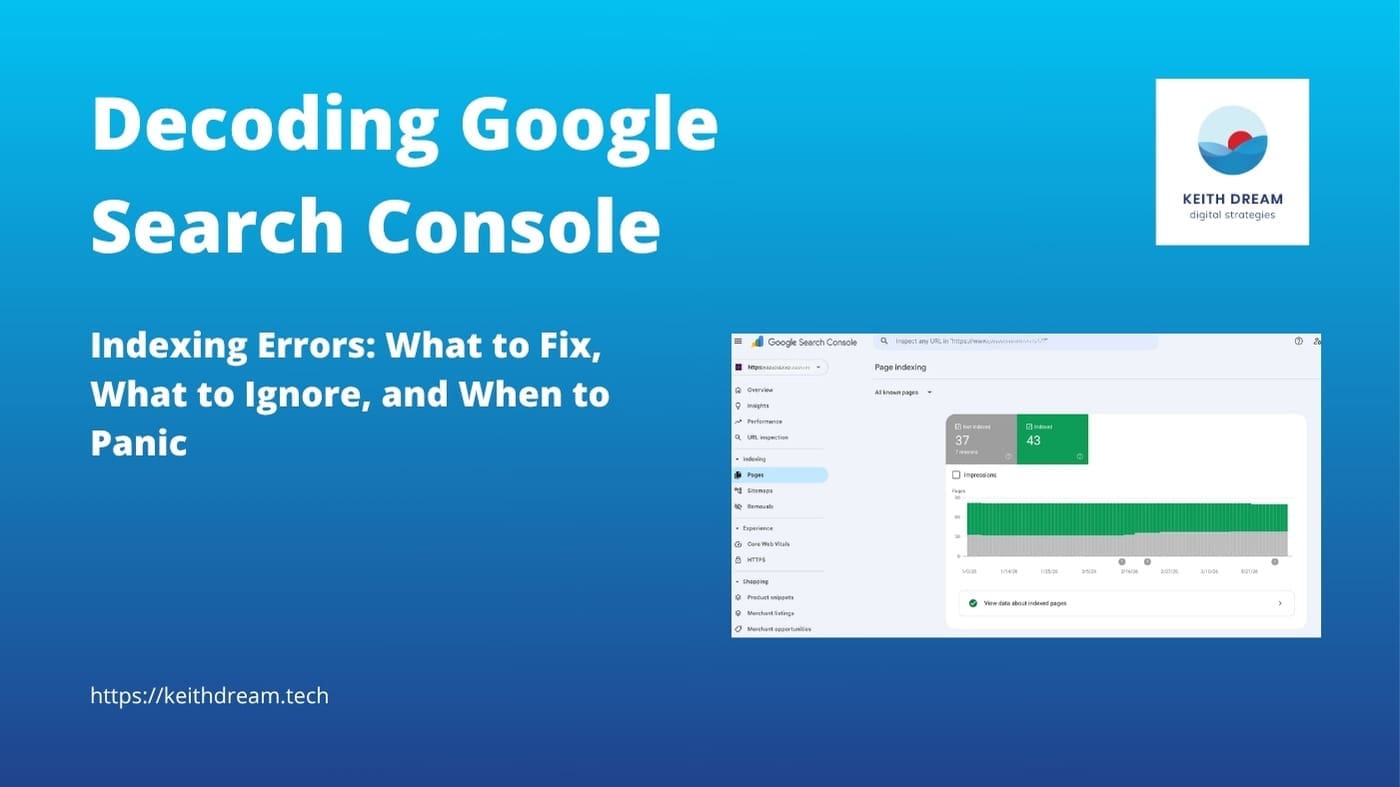 Google Search Console Page Indexing report showing 37 not-indexed and 43 indexed pages, featured image for guide on Google Search Console indexing errors.