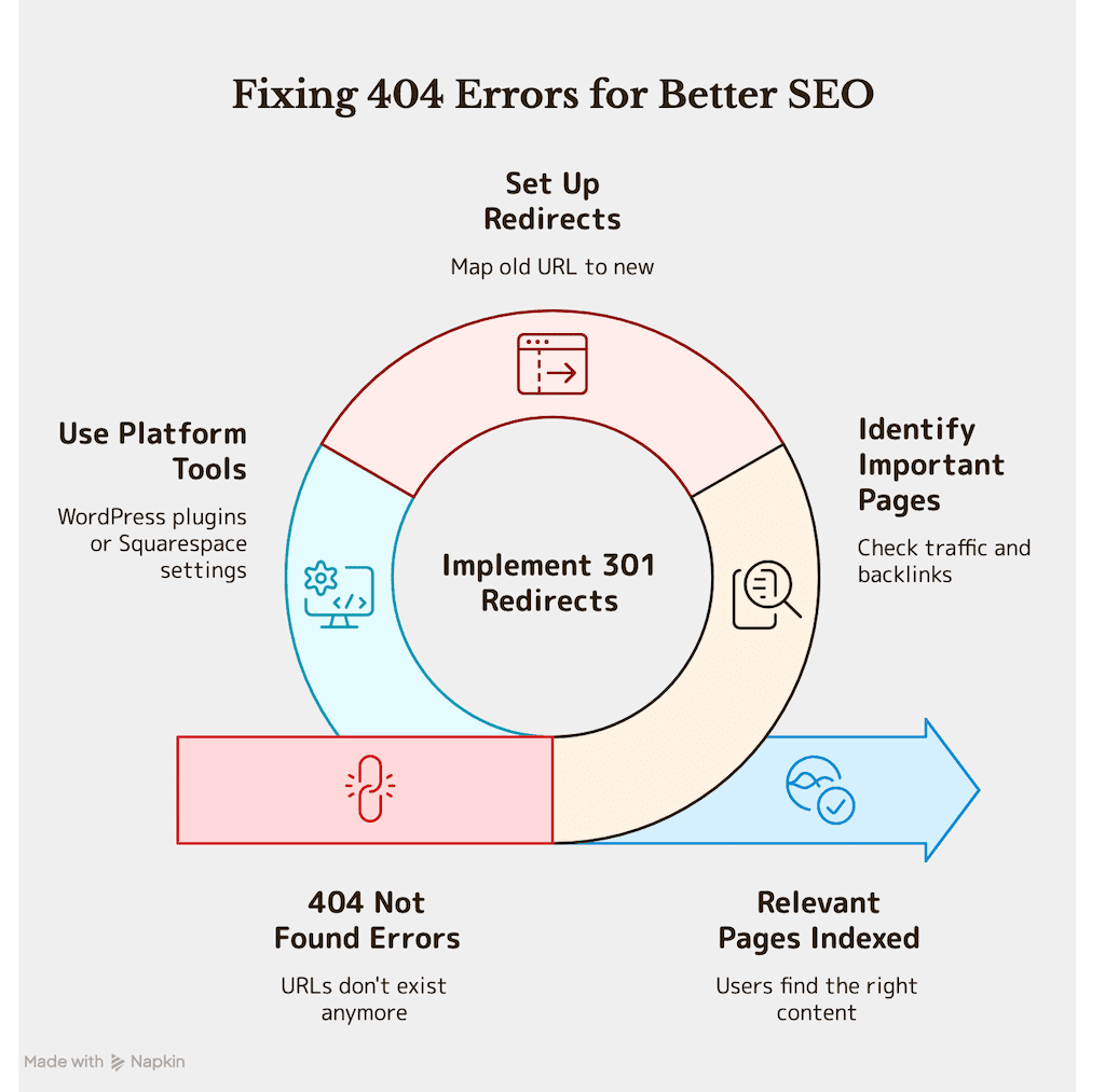 Infographic showing how to fix 404 errors in Google Search Console by implementing 301 redirects using WordPress plugins or Squarespace URL mappings.