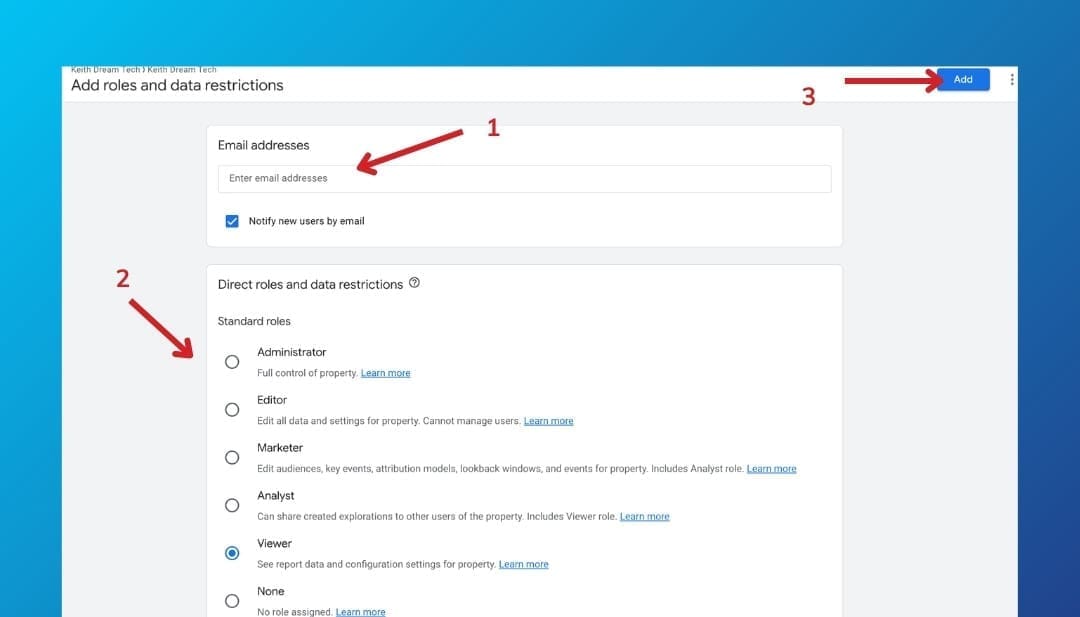 Google Analytics add user dialog showing the email field and Editor role selection to grant analytics permissions
