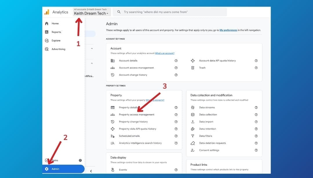 Google Analytics admin settings dashboard showing the gear icon location for adding a user to Google Analytics