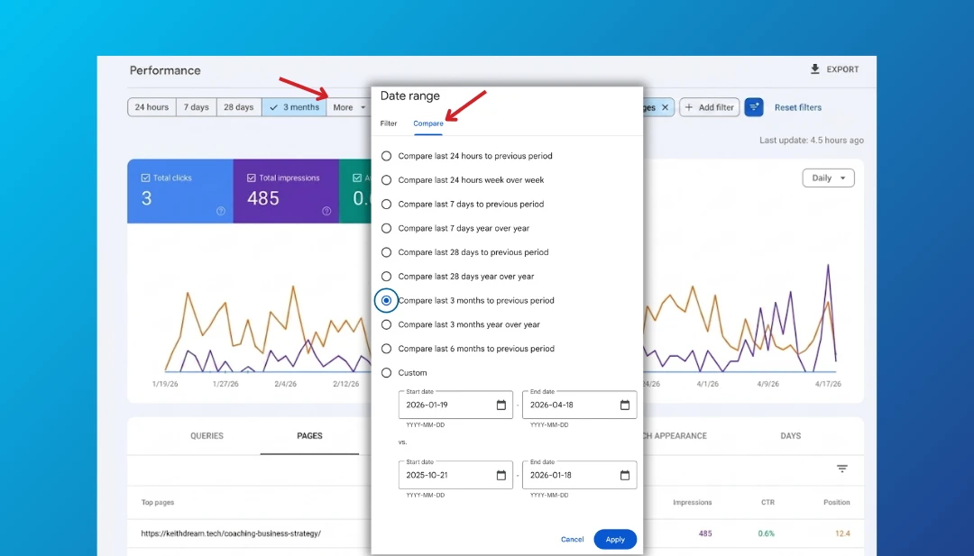 Google Search Console performance report date range comparison tool used to track SEO improvements
