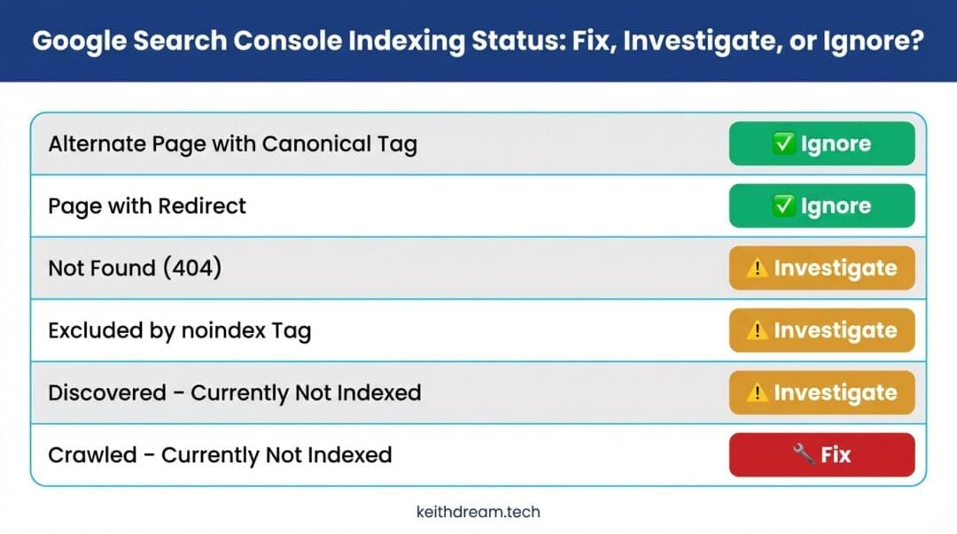 Quick reference infographic showing 6 Google Search Console indexing errors and whether to fix, investigate, or ignore each one.